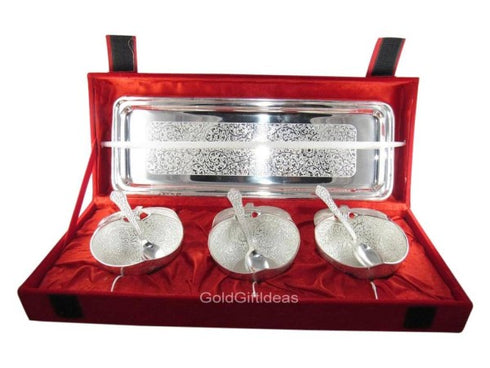 4 Inch German Silver 3 Apple Cut Bowl With Tray - 1500gms